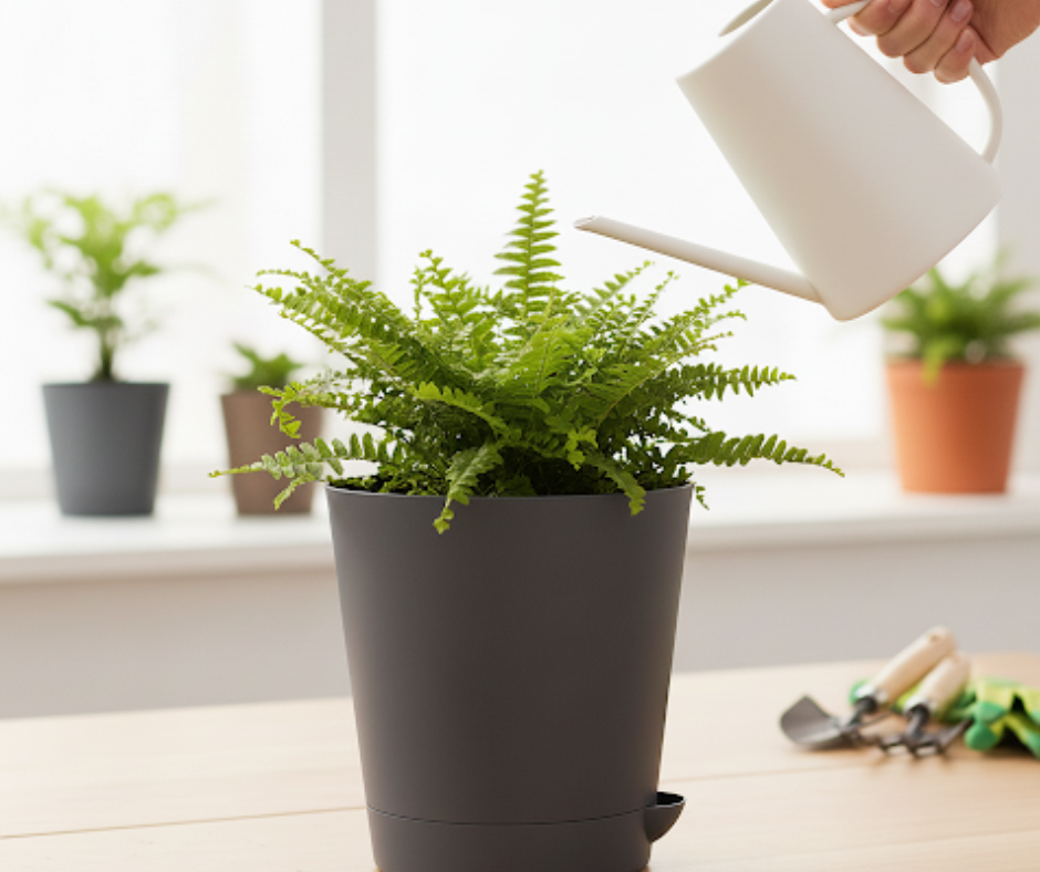A person pouring water into the fill port of a self-watering planter.